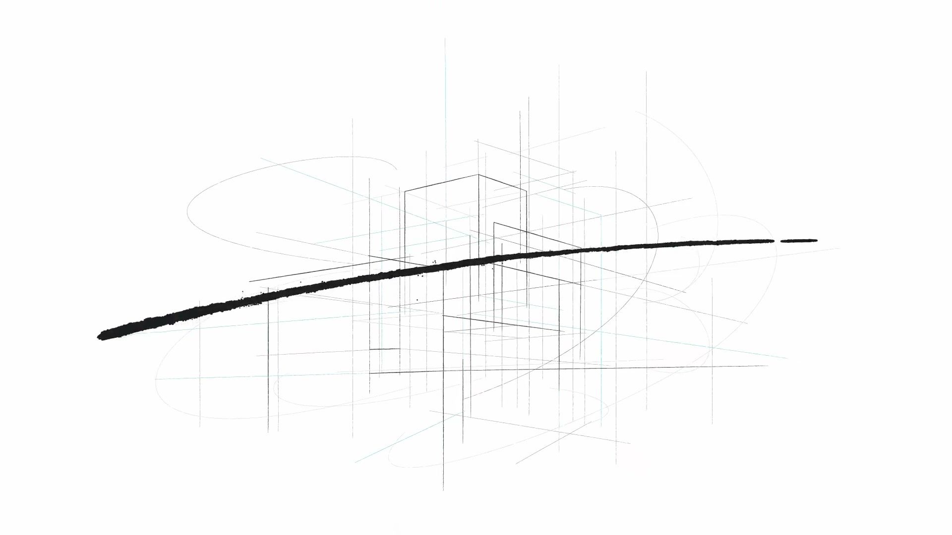 白い紙の上に建物と街路が線画で描かれていく途中のイメージ