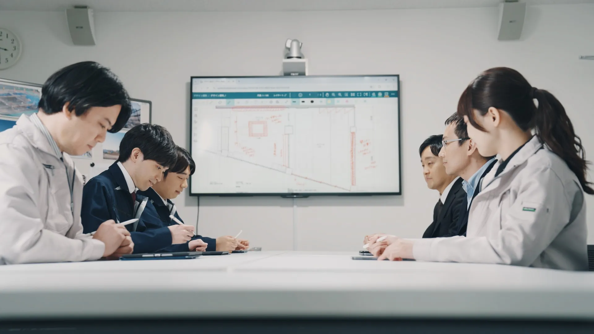 会議室の大型モニターに図面を映し、タブレットを手にした社員が打ち合わせをしている様子